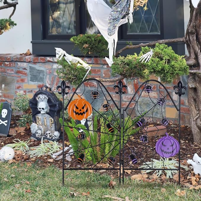 hogardeck Halloween Decorations Outdoor, Spider Web Styled Metal Fence Decorative Garden Stakes with Ghost Face Pumpkins for Halloween Decor, Spider Yard Signs for Outside Garden Lawn Porch Party