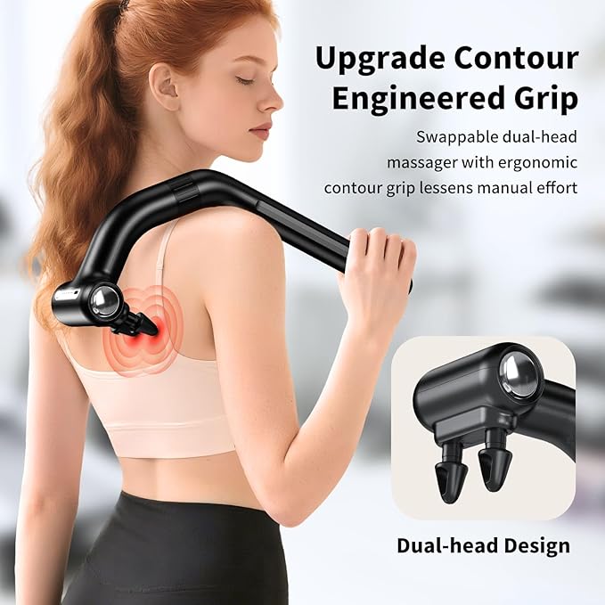 Dual-Head Massage Gun with Extension Handle, 3-in-1 Detachable Handheld Percussion Muscle Massager for Back Neck Shoulder Body Deep Tissue Pain Relief - 6 Speeds Levels (Black)
