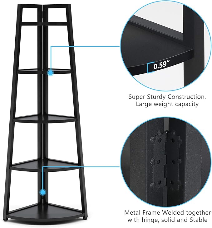 Tribesigns 70 inch Tall Corner Shelf, 5 Tier Modern Corner Bookshelf Bookcase Industrial Corner Ladder Shelf Plant Stand for Living Room, Kitchen, Home Office (Black)