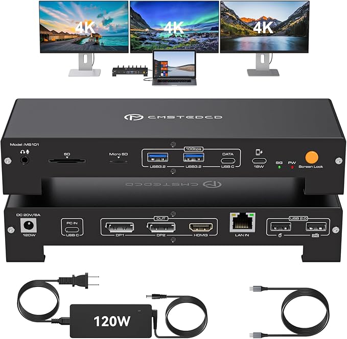 USB C Laptop Docking Station 3 Monitors Triple 3840*2160@60Hz Display with 120W Power Supply Computer PD 100W 15 in 1 Thunderbolt Dock Station for Multiple Monitors with USB 3.2 Port SD/Micro SD Solt