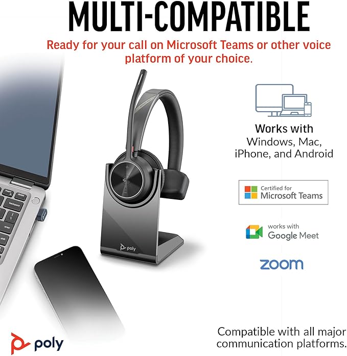 Poly Voyager 4310 UC Wireless Headset With Mic for Work, Mono, Charge Stand - Noise-Canceling Boom Mic - Connect PC via USB-C/USB-A Adapter, Phone via Bluetooth - Microsoft Teams Certified