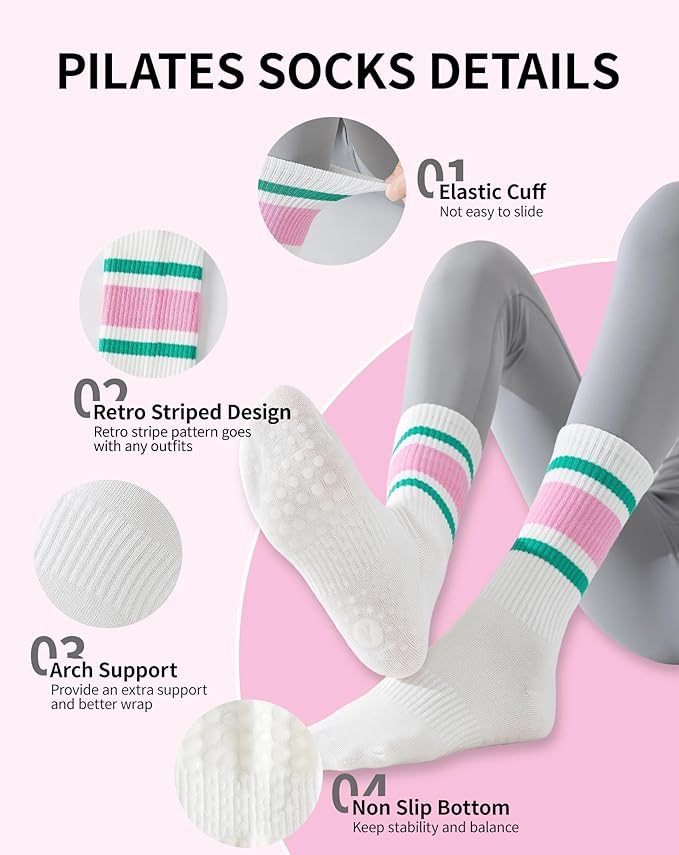 Yawlsow 3 Pairs Pilates Grip Socks for Women Yoga Grippy Striped Retro Crew Socks Non Slip Sticky Barre Sock with Grippers