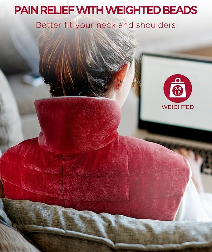 Heating Pad for Neck and Shoulders and Back, Comfytemp Weighted Electric Heat Pad for Pain Relief, 2.6lb Large Heated Wrap, 9 Heat Settings, 11 Auto-Off, Women Men Birthday Gifts Red