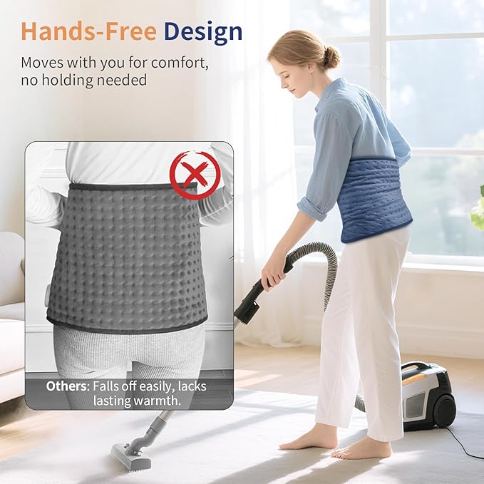 Heating Pad for Back & Period Cramps, 12"x24" Electric Heating Pad with 26" Waist Belt, 6 Heat Levels 4 Timers & 2H Auto Shut Off, Gift for Women Men Mom Dad (Blue)