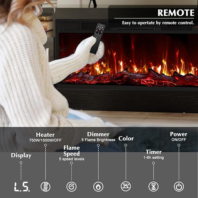 Lemberi Fireplace tv Stand with 36 inch Fireplace Up to 80" TVs,LED Light Entertainment Center and Storage, 70" Modern Wood Media TV Console with Highlight Cabinet for Living Room (Black)