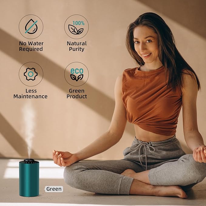 Waterless Essential Oil Diffuser Aromatherapy Scent Diffusers for Home Large Room, Bedroom, Car, Office, Desk, Battery Operated Mini Portable Air Freshener, Included 120ml Essential Oil, Silver