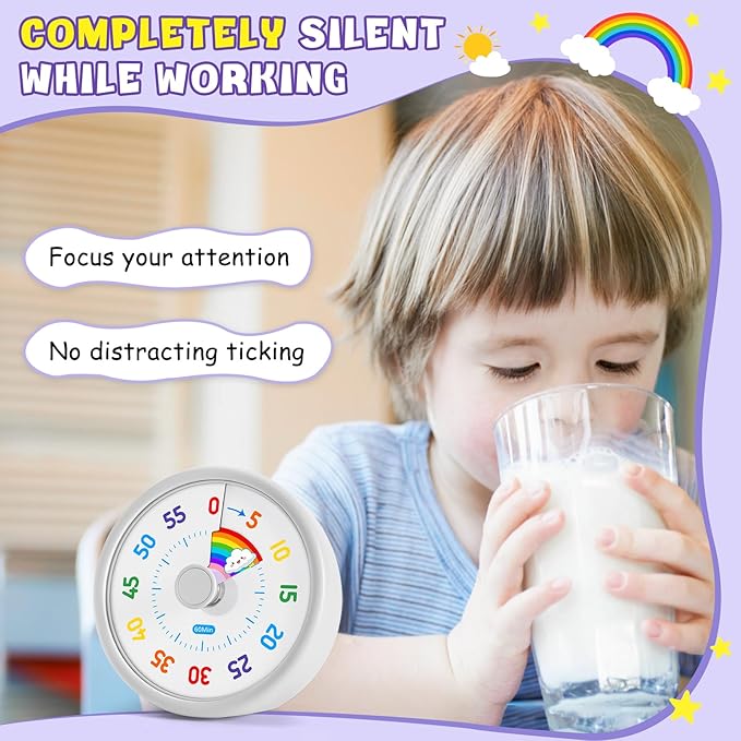 HIPPIH Visual Timer for Kids, 60 Minute Countdown Timers for Classroom Kitchen Office, Rainbow Disk Desk Timer Clock with Silent Operation, Pomodoro Timer Time Management Tools for Toddler ADHD White