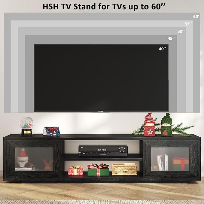 HSH Black TV Stand 55 Inch，Entertainment Center for Bedroom and Under TVs Cabinet with Storage,Modern TV Console with Sliding Doors for 60" TVs,Media Console for Living Room