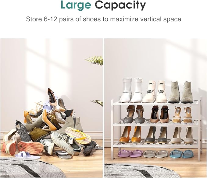 White Shoe Rack, 3-Tier Bamboo Wood Shoe Rack for Closet, Entryway & Hallway, and Stackable Shoe Shelf Storage Organizer for Indoor and Outdoor