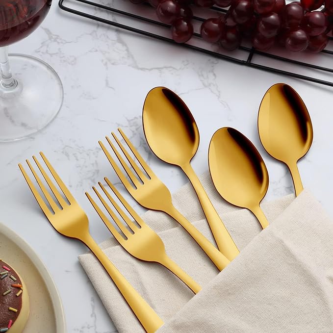24-piece Forks and Spoons Silverware Set, Unokit Stainless Steel Flatware Cutlery Set for Home, Kitchen and Restaurant, 12 Dinner Forks and 12 Dinner Spoons, Mirror Polished&Dishwasher Safe - gold