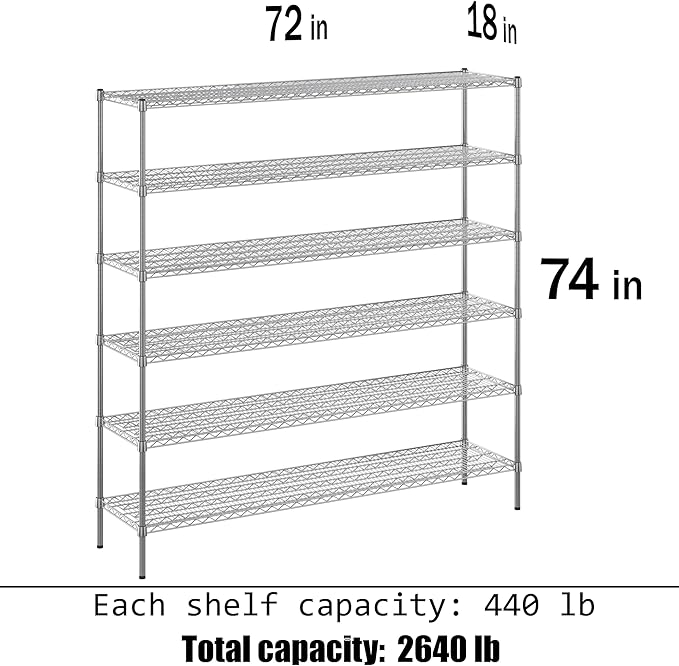 18" Deep x 72" Wide x 74" Height Wire Shelving Kit | 6-Tier | NSF Commercial Storage Rack Unit