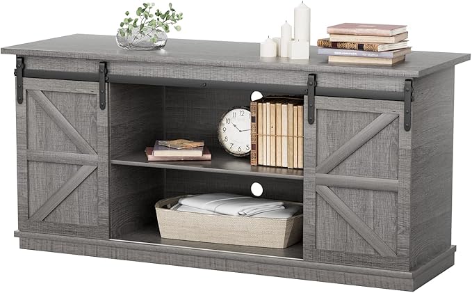 YESHOMY TV Stand for Televisions up to 65 Inches, with Sliding Barn Doors and Storage Cabinets, Console Table and Media Furniture for Living Room, 58 Inch, Gray