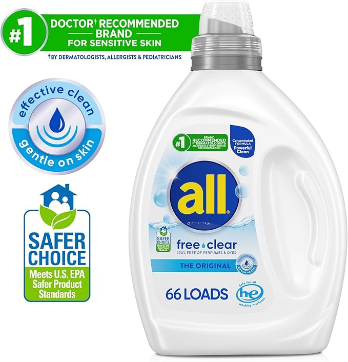 all free clear, Original, Liquid Laundry Detergent for Sensitive Skin, Unscented and Hypoallergenic, Concentrated