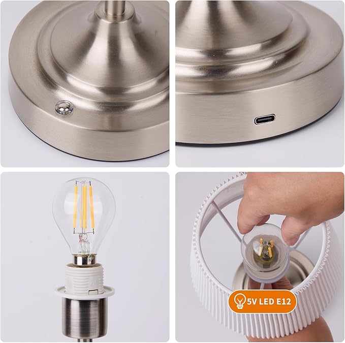 Cordless Rechargeable Table Lamp 5200mAh - Stepless Dimming & 3-Color Temperature, Touch Control Bedside Lamp with Fabric Shade for Bedroom, Patio, Camping, Balcony.(Silver)