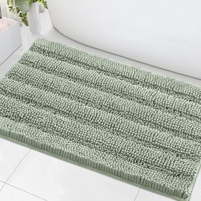 H.VERSAILTEX Bath Mats for Bathroom Non Slip Extra Thick Chenille Striped Bath Rug 24" x 36" Absorbent Non Skid Fluffy Soft Shaggy Rugs Washable Dry Fast Plush Mats for Indoor, Bath Room, Tub - Sage