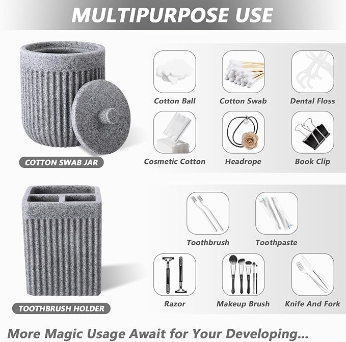 Resin Grey Bathroom Accessories Set 5 Pcs, Lotion Soap Dispenser, Toothbrush Holder, Bathroom Tumbler, Qtip Holder and Vanity Tray, Bathroom Countertop Organizer Set for Modern Home Apartment