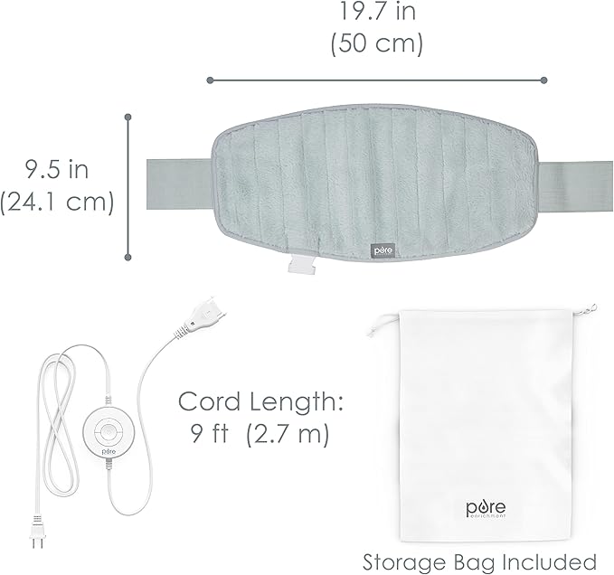 Pure Enrichment® PureRadiance™ Lumbar & Abdominal Luxury Heating Pad for Pain Relief, Patented Design, Soft Faux Fur & Micromink, 6 Heat Settings, Adjustable, Machine Washable, 9.5”x19.7” (Aquamarine)