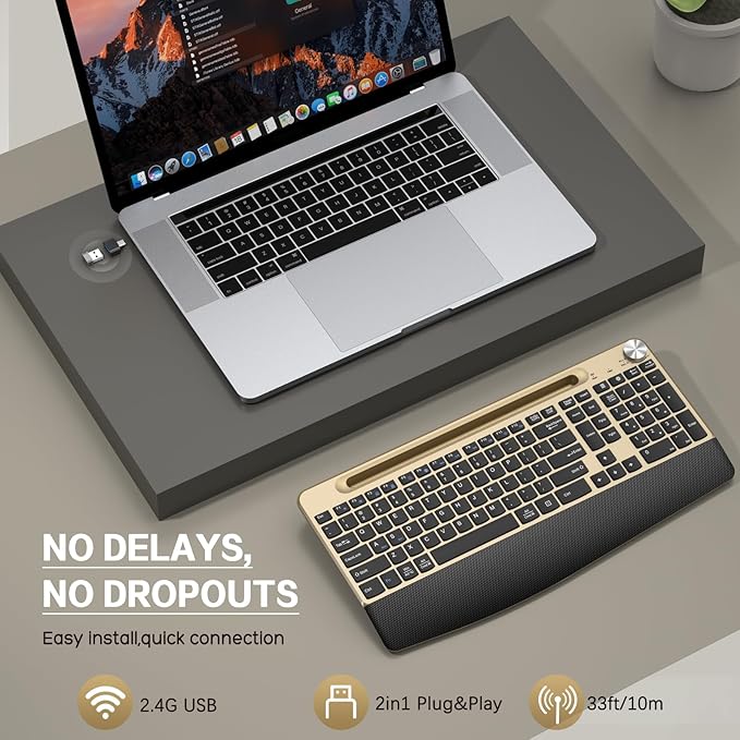 Ergonomic Wireless Keyboard with Wrist Rest-Low-Profile,Phone/Tablet Holder,Quiet Design，Windows & Mac OS，Full Size Cordless USB Computer Keyboard for Desktop,Laptop, PC, Mac, Windows-Gold