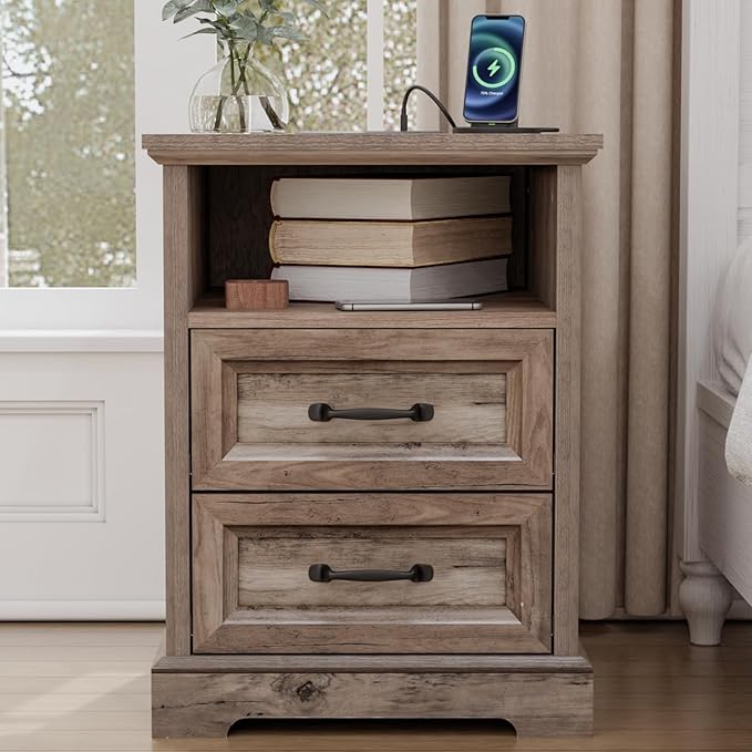 HOMMPA 18'' Farmhouse Nightstand with Charging Station, Bedside Tables with Storage, Bed Side End Table with Open Shelf, 2 Drawers Wood Night Stand Dresser for Bedroom, Living Room, Greige