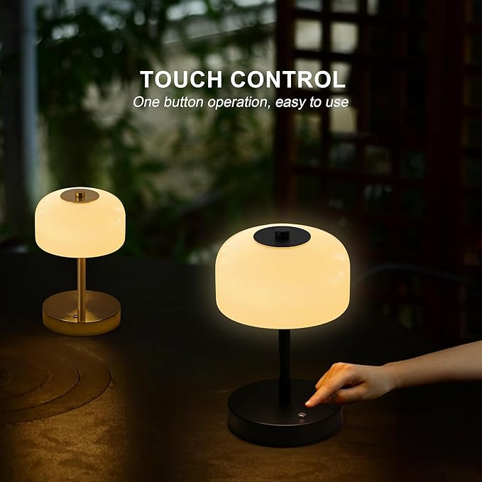 Oneach 9" Small Portable Cordless Table Lamp, 3-Way Dimmable Touch Rechargeable Battery Powered Mushroom Lamp Bedroom Dining Table Living Room Shelf Decor, Black