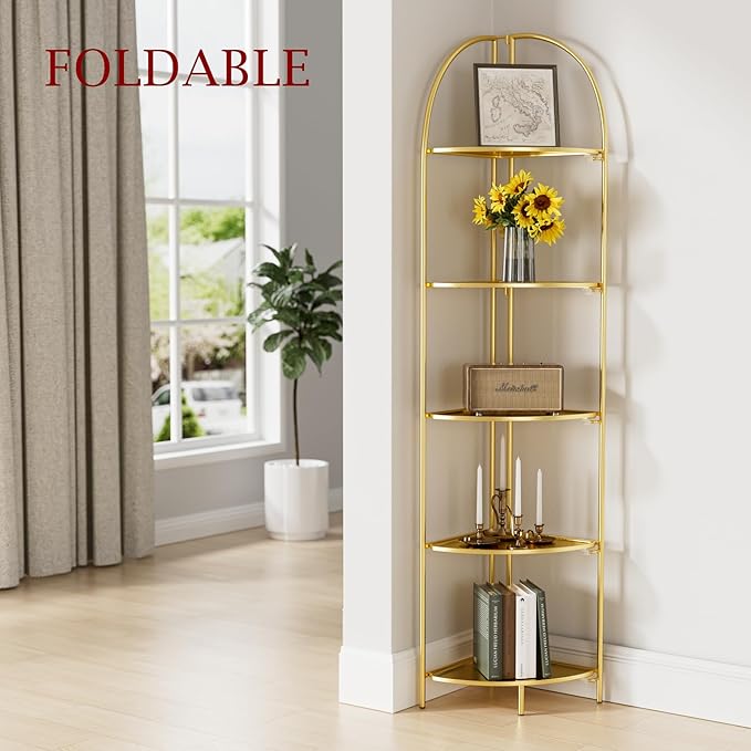 Crofy Foldable 5 Tier Corner Shelf, Metal Corner Plant Stand with Gold Frame and Gold Shelves, Corner Display Rack Multipurpose Shelving Unit for Living Room, Bedroom, Bathroom