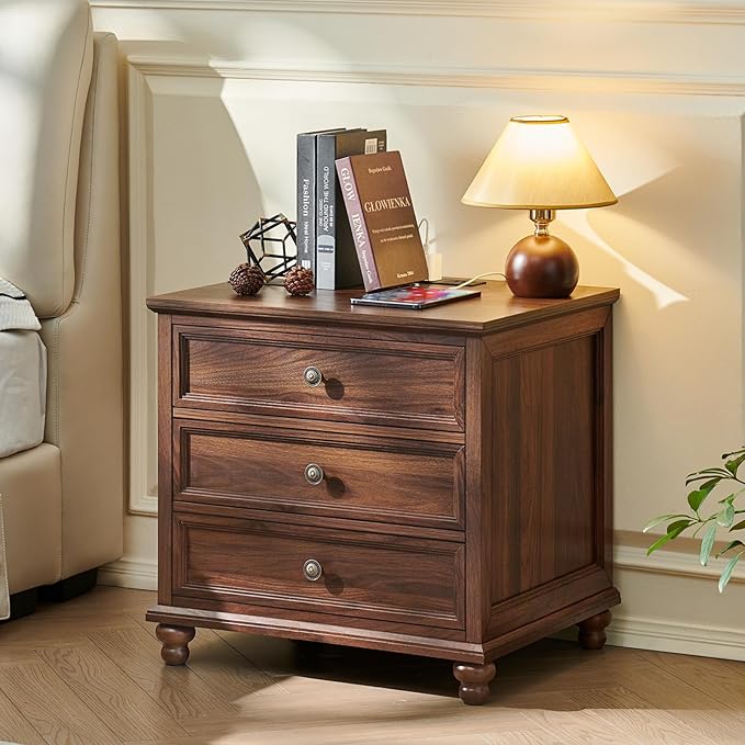 Farmhouse Nightstand Set of 2 with Charging Station, 24" Wide End Table with 3 Drawers,Dresser for Bedroom,Bed Side Table Chest of Drawers Cabinet,Wood Brown Night Stand for Living Room
