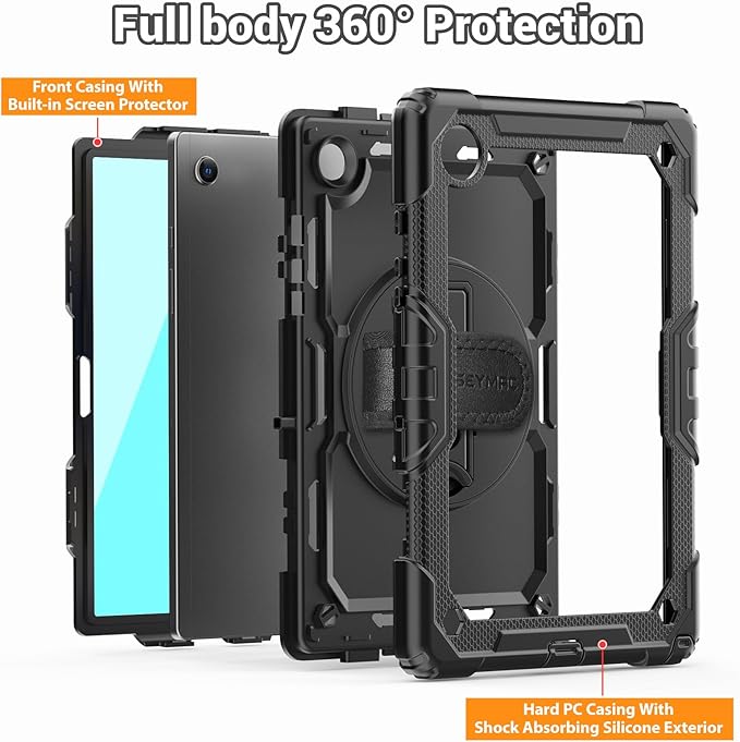 SEYMAC for Samsung Galaxy Tab A8 Case 10.5 Inch (SM-X200/ X205/ X207), Heavy Duty Full-Body Shockproof Protective Case with Screen Protector, Rotating Stand, Hand/Shoulder Strap and Pen Holder, Black