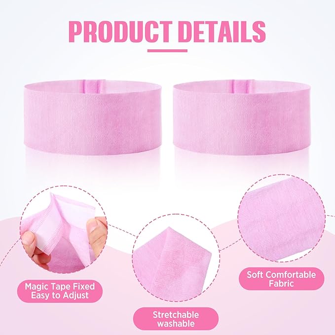 Waydress 140 Pieces Disposable Spa Facial Headbands with Convenient Closure, Stretch Facial Headwraps Soft Skin Care Hair Band for Women Salons (Pink)