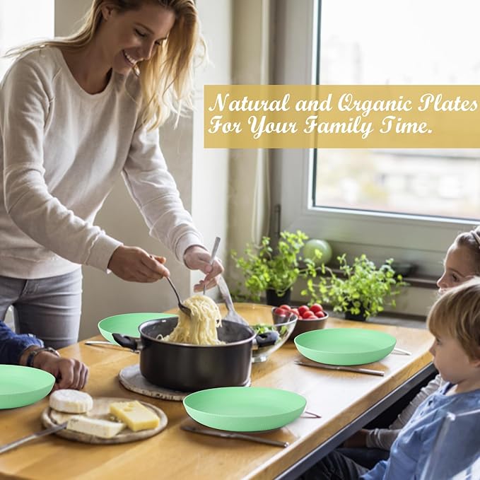 Wheat Straw Plates - 9 Inch Unbreakable Dinner Plates Set of 8 - Dishwasher & Microwave Safe Plastic Plates Reusable for Kitchen and Camping (Light Green)