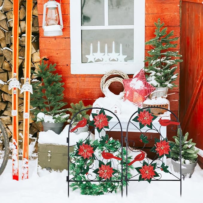 hogardeck Outdoor Christmas Decorations, 2 Pcs Metal Fence Floral Decorative Garden Stakes with Poinsettia Red Birds for Christmas Decor, Yard Signs for Garden Lawn Patio Home