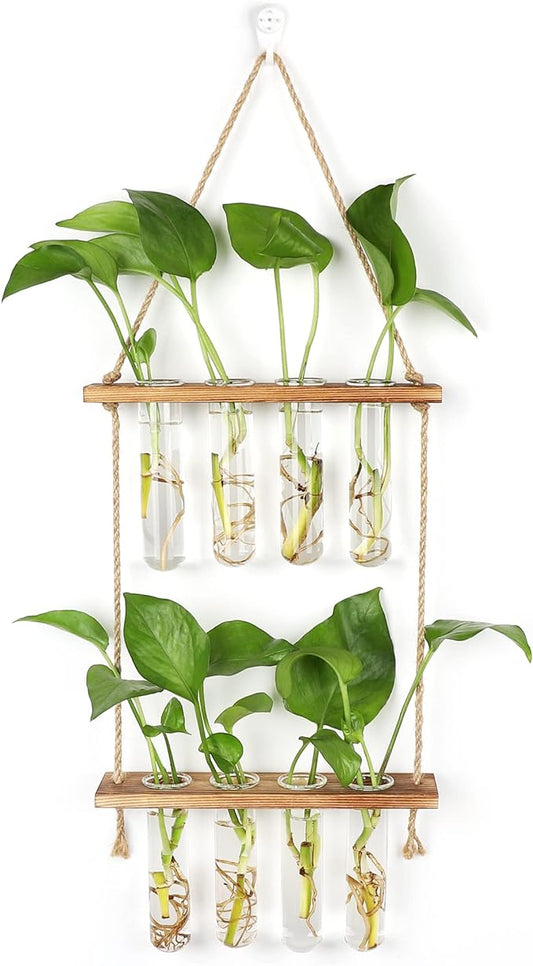 Hyindoor Wall Hanging Planter Terrarium 2 Tired Test Tube Vase Glass Planter Plant Propagation Station Plant Hangers of Rope with Wooden Stand and 8 Tubes for Hydroponic Plant Cutting