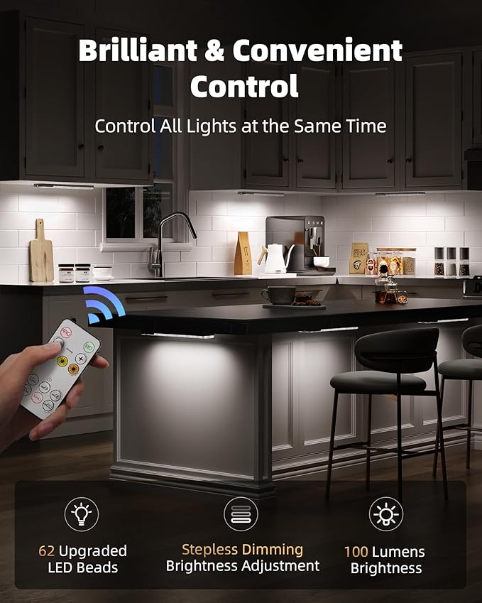 EZVALO Under Cabinet Lights, 62 LED Rechargeable Battery Operated Motion Sensor Light Indoor 3 Color Temps, Wireless Closet Lights Under Counter Lights for Kitchen 6 Pack