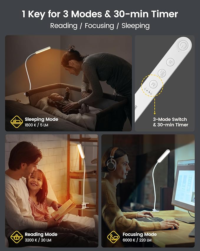 Glocusent 38 LED Clip On Light: 5W Eye Caring Book Lights for Reading at Night - 5 Color & 5 Brightness with a Remote, 30-Min Auto Off Timer, Multi-Purpose Clip Lamp for Bed Reading/Studying/Working