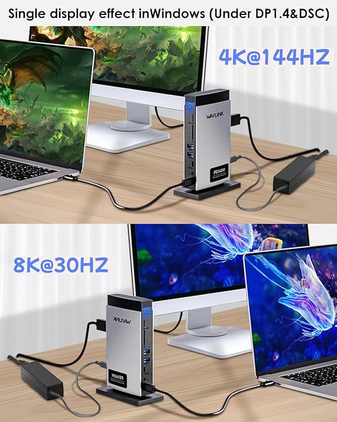 WAVLINK Laptop Docking Station 3 Monitors(Max Resolution: Single 8K or Triple 4K), 11-in-1 USB C Docking Station with 125W PD3.1 Pass-Through & Power Adapter, 2*HDMI + DP, for MacBook M1–M4 & Windows
