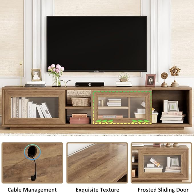 HSH 70 inch TV Stand for 75" TV,Entertainment Center for Living Room Under TV Storage Cabinet,Modern TV Media Console Wood with Sliding Doors for Bedroom,Rustic Oak
