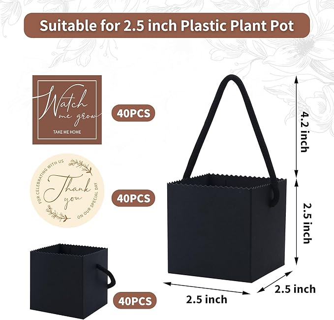 Temlum 2.5 Inch Succulent Wrap Bags (Fits 2.5″ Pots) with Thank You & Watch Me Grow Stickers, Small Succulent Gift Box for Wedding, Baby Shower, Succulent Party Favors for Guests (Black 40pcs)