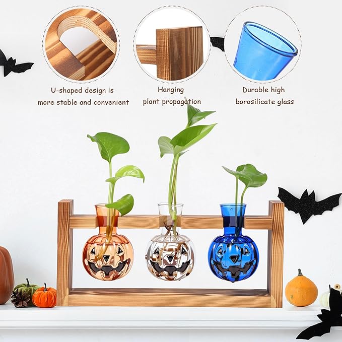 Halloween Plant Propagation Stations Plant Terrarium with Wooden Stand Hydroponics Glass Vase Planter for Halloween Home Office Garden Table Decoration(Pumpkin)