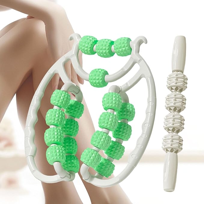 Colaxi 20 Wheels Massage Roller with Massage Stick Portable Multipurpose Flexible Handheld Roller for Back Shoulders Legs Thigh Arms, Green