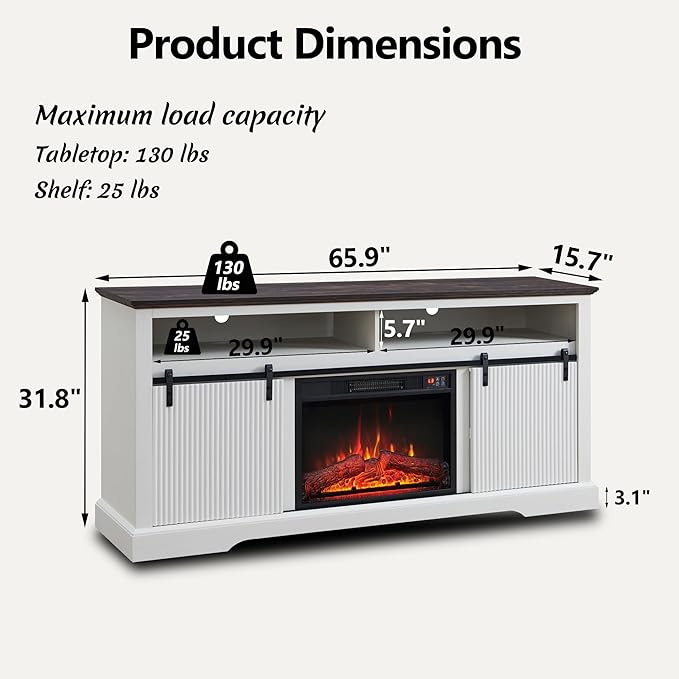 Fluted Fireplace TV Stand for TVs Up to 75 Inch, Modern Entertainment Center with Waveform Panel Sliding Door & Adjustable Shelves, Media Console for Living Room (White)