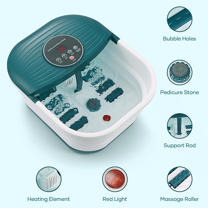 Collapsible Foot Spa Bath Massager with Heat, Bubble and Timer, 95-118℉ Adjustable Temperature Fast Heating with Pedicure Stone and Massage Rollers for Feet Stress Relief at Home