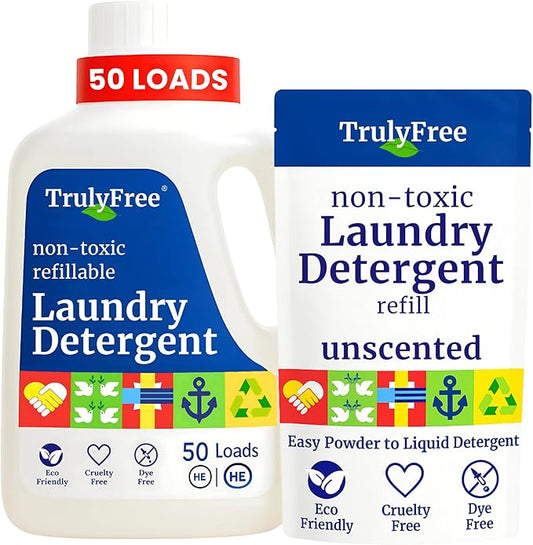 Laundry Wash Detergent for Sensitive Skin, Gentle & Safe for Baby Clothes | Plant-Based, Natural Ingredients | Unscented | Include 1 Refillable Bottle (50 Loads)