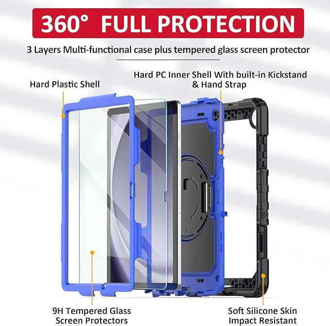 Ambison Case for Samsung Galaxy Tab A9+ Plus 11'' 2023, [Kids Proof] Full Body Protective Case with 9H Tempered Glass Screen Protector, 360° Rotatable Kickstand & Hand Strap (Blue)