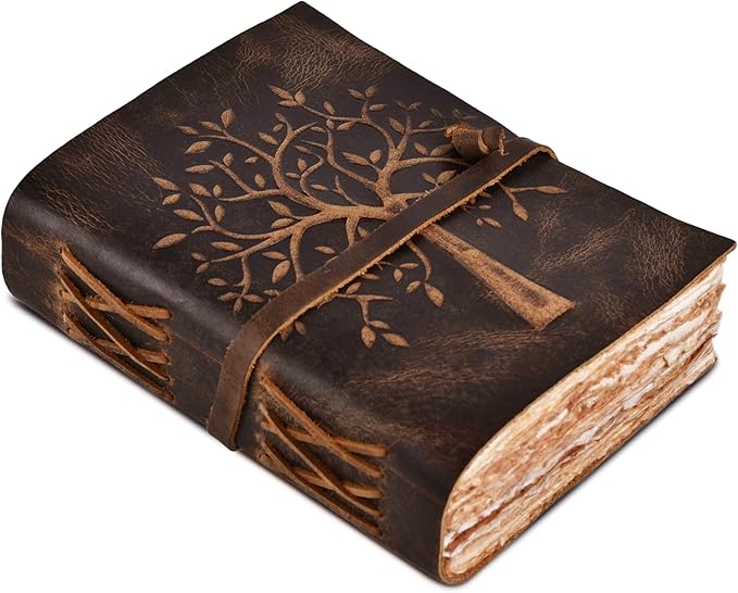 LEATHER VILLAGE Tree of Life Journal - 6 X 4 inches - Brown - 200 Antique Deckle Edge Handmade Paper – Book of Shadows - Vintage Leather Bound Journal for Women & Men