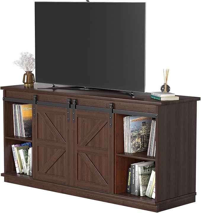 JUMMICO TV Stand for 65 Inch TV, Entertainment Center with Storage Cabinets and Sliding Barn Doors, Mid Century Modern Media TV Console Table for Living Room Bedroom (Brown)