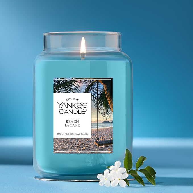 Yankee Candle Large Jar Scented Candle with up to 150 Hour Burn Time, Premium Plant Wax Blend for Consistent Burn, 22 oz Jar Candle with Room Filling Fragrance, Beach Escape