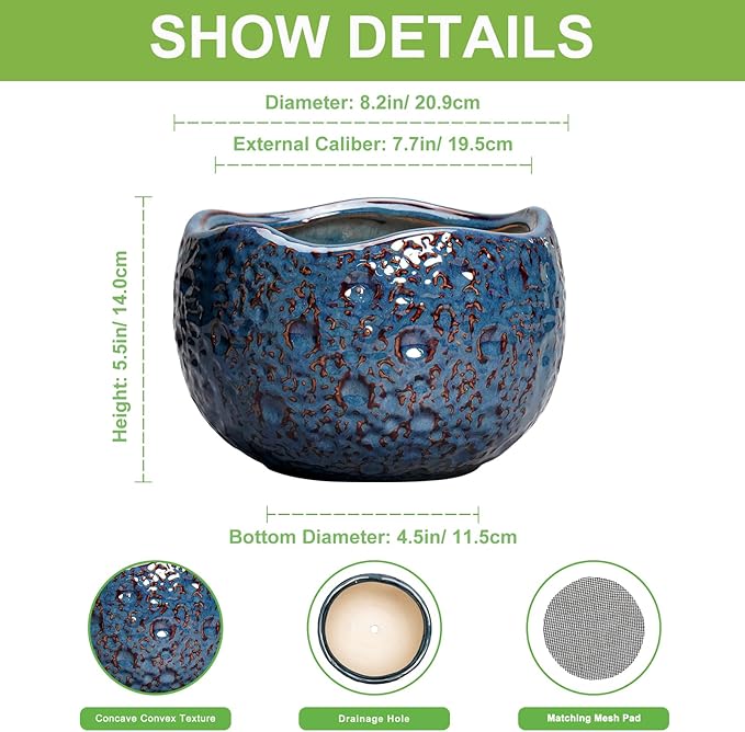 8 Inch Plant Pot - Ceramic Planter for Indoor Outdoor Plants, Round Unique Plant Pots with Drainage Hole, Modern Decorative Flower Pots, Home Decor, Gifts for Plants Lovers, Retro Blue