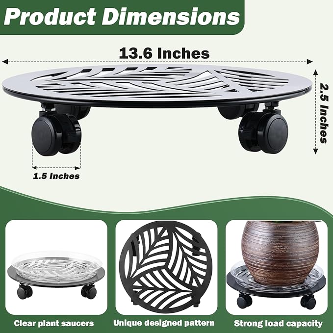 1 Packs Large Metal Plant Caddy with PU Wheels 13.6" Heavy-Duty Wrought Iron Rolling Plant Stands Indoor Outdoor Wheeled Plant Dolly Planter Mover Rollers Plant, Leaf Style