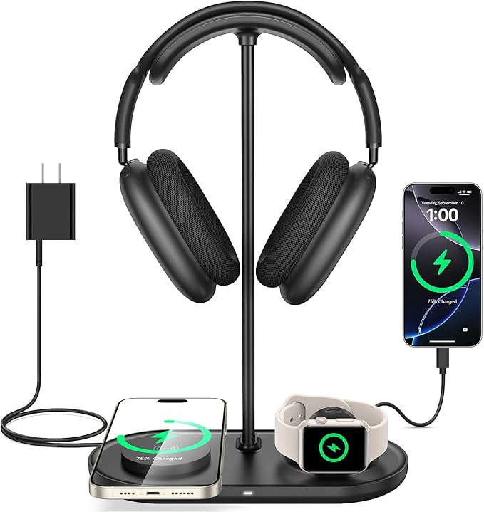 TopMade 5 in 1 Headphone Stand for Desk with Wireless Charger & USB Charging for iPhone/AirPods/iWatch, Universal Desktop Gaming Headset Holder for Airpods Max, Bose, Beats, Razer and More, Black