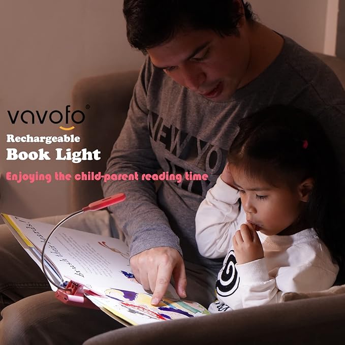 VAVOFO Rechargeable Book Light for Reading in Bed Kids, 7 LED Reading Light with 9-Level Warm Cool White Daylight, Eye Care Lamp with Power Indicator for Bookworms (Pink)