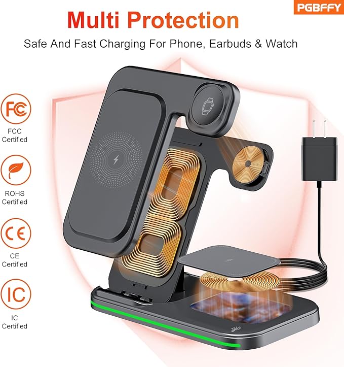 3 in 1 Charging Station Wireless Charger lPhone Foldable Charging Stand for Multiple Devices with Quick Charger for lPhone 16/15/14/13 Pro Max Watch AriPods Pro 2